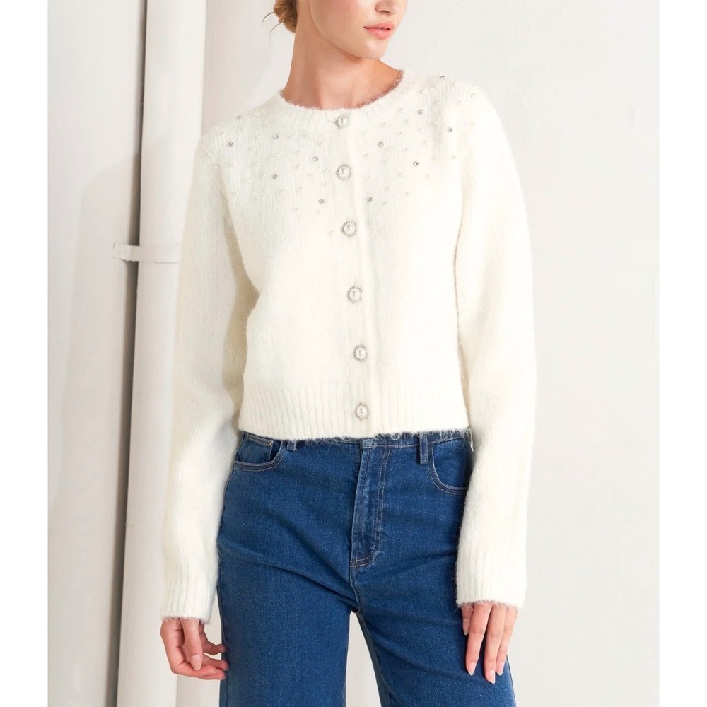 Free Market Angel Touch Sweater Women L White Pearl Rhinestone Warm Cardigan